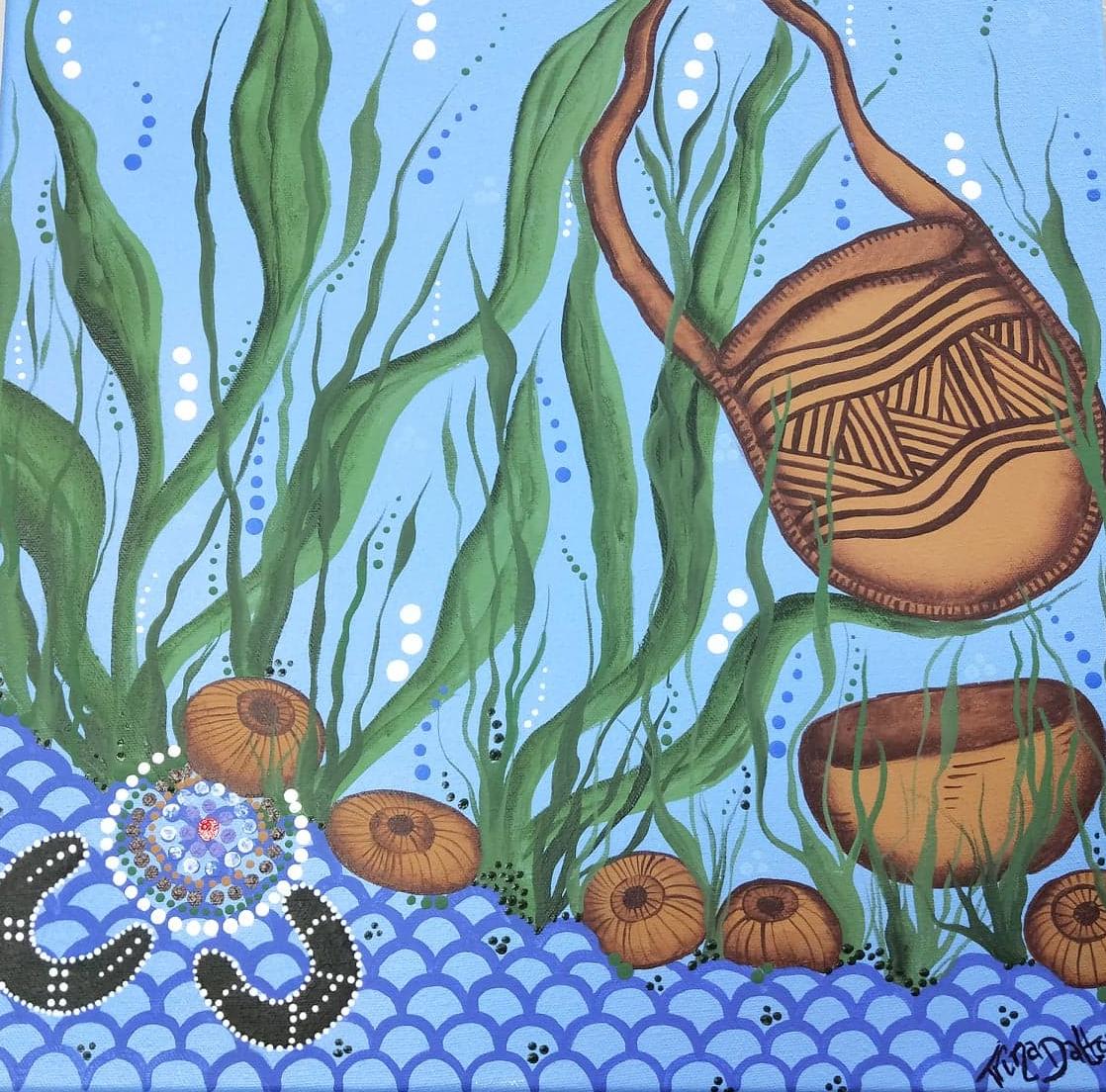 Illustration of seaweed and Traditional Owner seaweed products